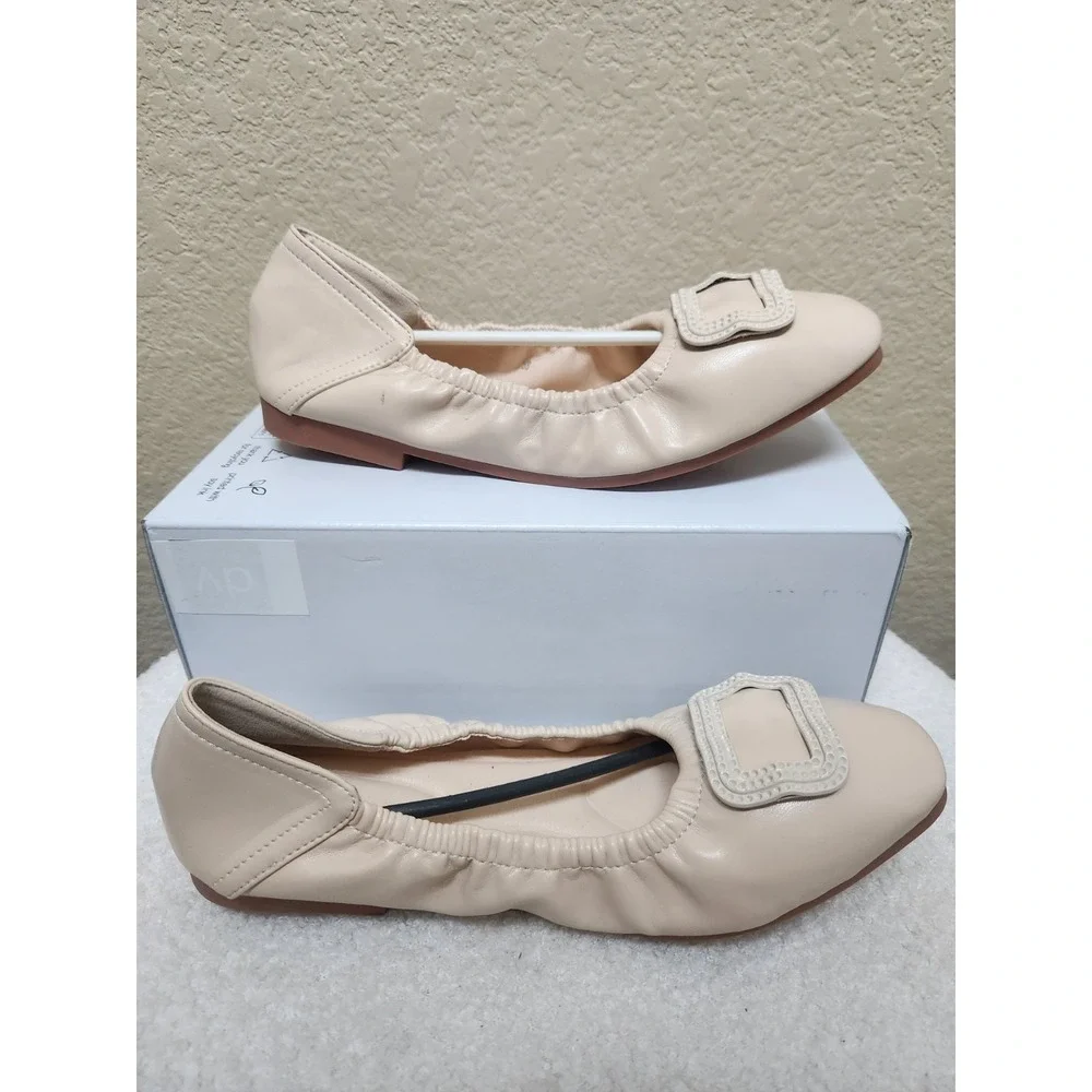 Women's Elastic Glove Flats, Nude Beige Square Toe Ballet Shoes Size 38 US 7.5